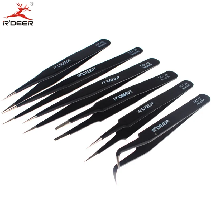 

RDEER 5" Electronics Tweezer Forceps Stainless Steel Anti-Static Curved Straight Tool Pincers Pincette Hand Tool Set 6pcs