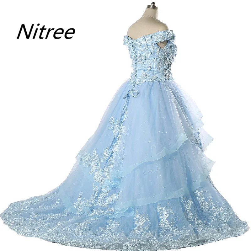 2017 с открытыми плечами Многоуровневое сшитое Кружева аппликации голубой