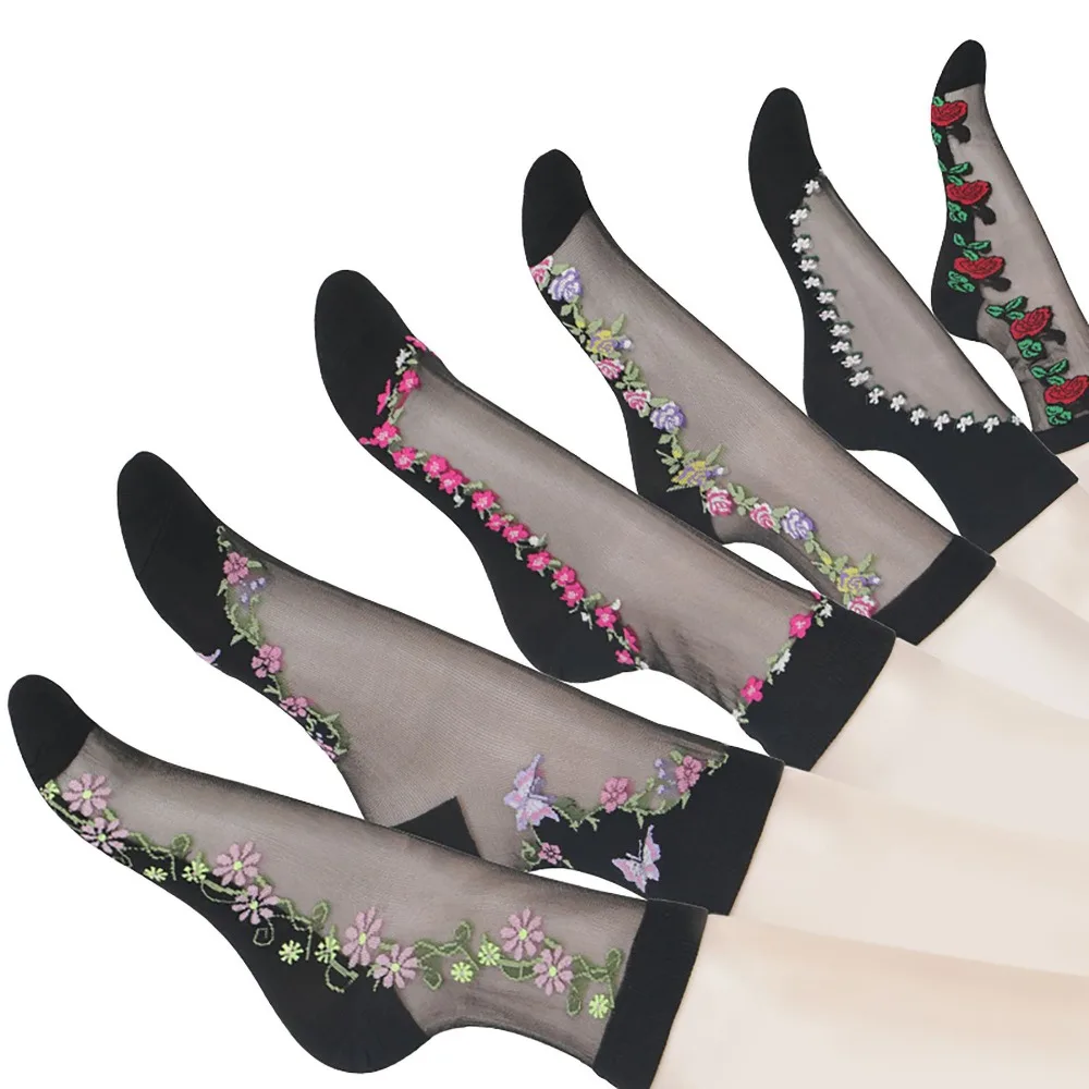 Women's Embroidery Flowers Socks 2020 New Summer Ladies Girl's Transparent Lace Mesh Floral Socks Hosiery Gauze Sock for Work