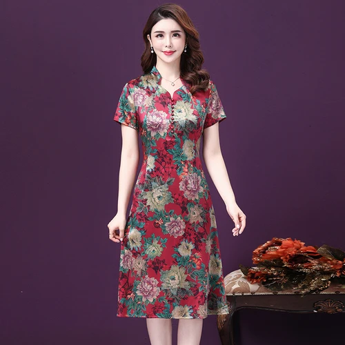 

2021 Spring Summer Fashion Short Sleeve Silk Women Dress New Style Exquisite Printed High End Elegant Temperament Female Dresses