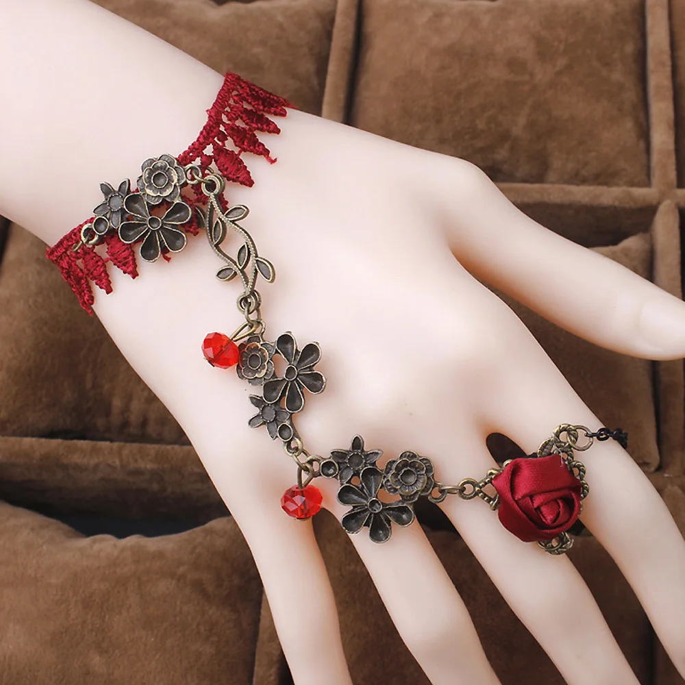 Набор ювелирных изделий Lackingone Fashion Vintage Wine Red Rose Lace Rattan Palace Necklace Bracelet Foot Chain Earrings Wowen.