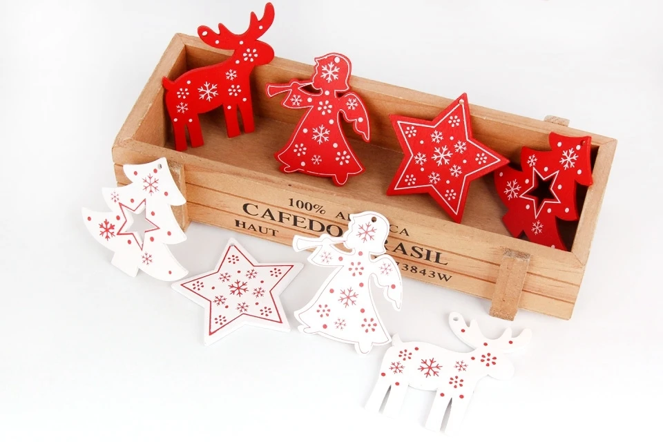 8PCS White&Red Wooden Christmas Ornaments Pendants Wood Crafts Hanging Xmas Tree Ornament Kids Gift Christmas Party Decorations