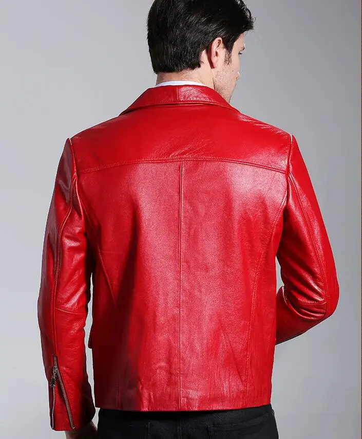 Мужская кожаная куртка Красная приталенная из натуральной телячьей кожи