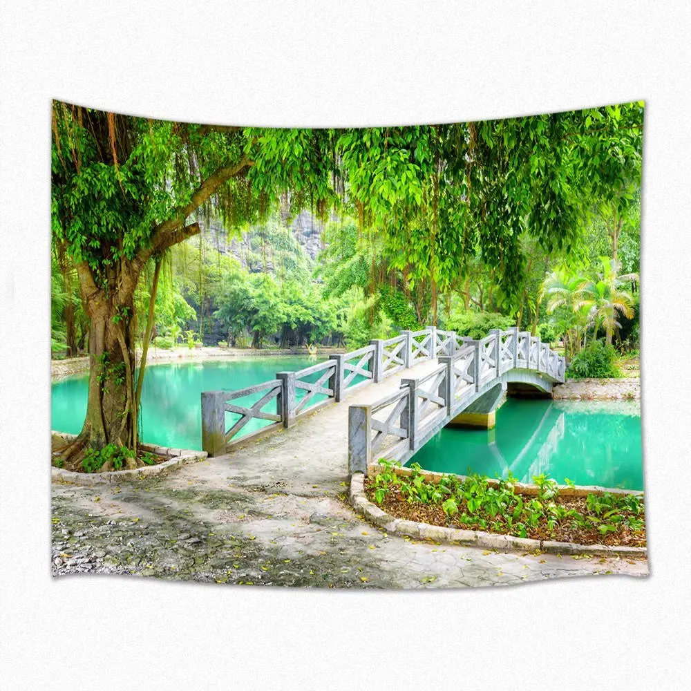 Декор пейзажа гобелен Весенний сад мост зеленое дерево бирюзовая вода настенный