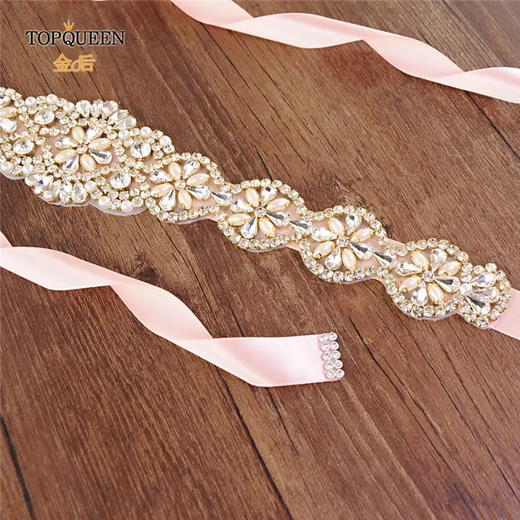 vintage pink TOPQUEEN S161-G, Свадебный золотой пояс, жемчужные стразы, ремни для платьев, стразы, пояс с жемчугом для женщин, пояс для вечернего платья - Цвет: vintage pink