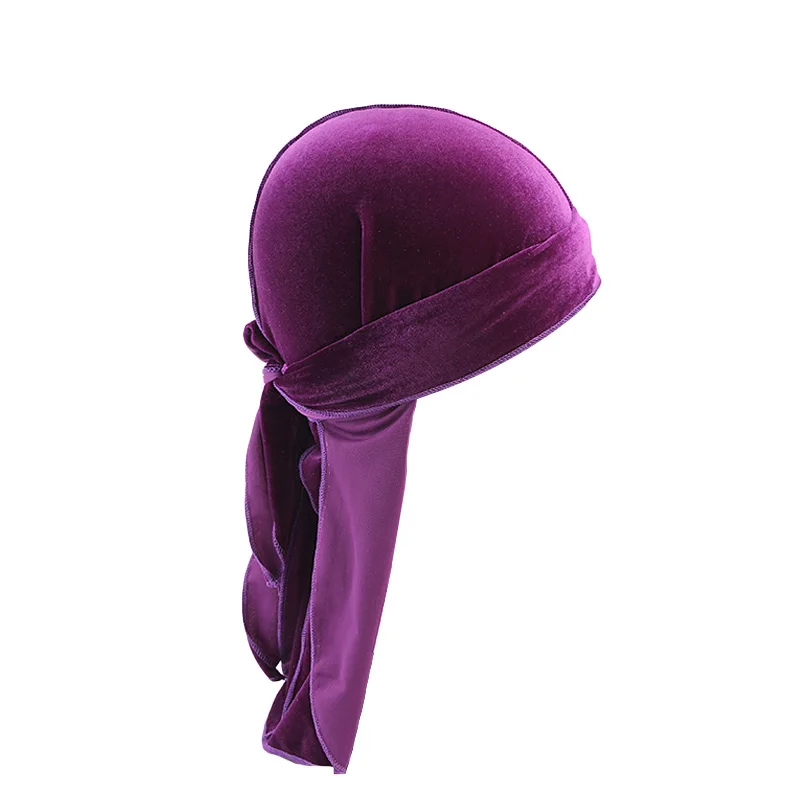 Фиолетовый Материал Durag Для мужчин бархат Durags Бандана тюрбан ДУ rag головной убор для байкеров оголовье пиратская шляпа аксессуары для волос - Цвет: Фиолетовый