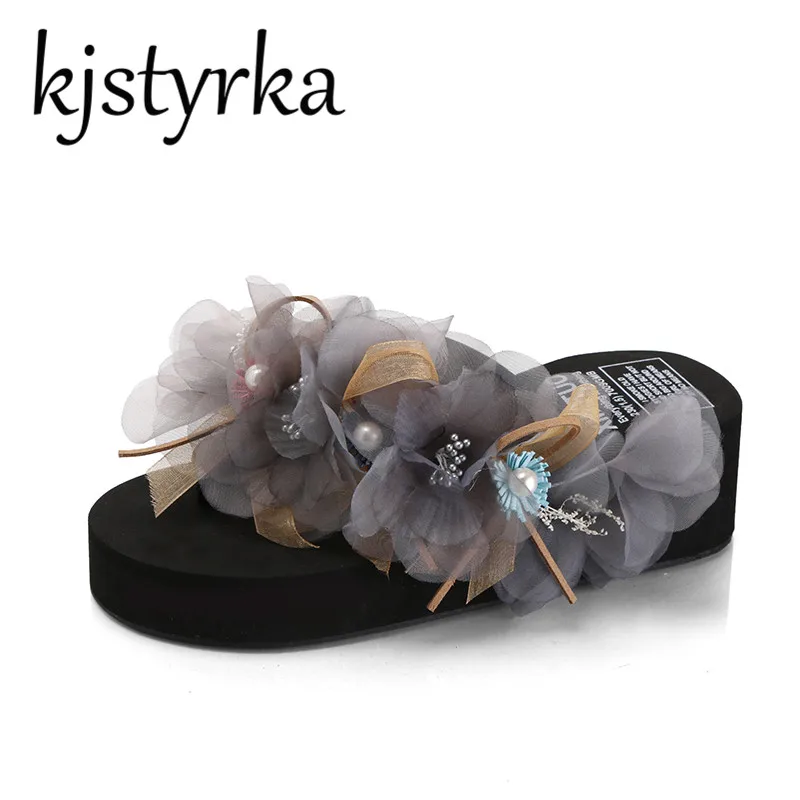 Kjstyrka/женские вьетнамки на платформе женские пляжные сандалии с цветами и