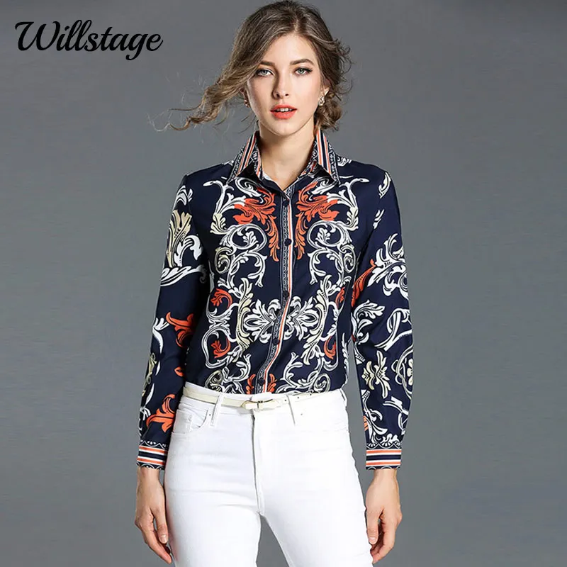 

Willstage Pattern Blouse Women Long sleeve Floral Striped Printed Shirts Colorful Elegant Office ladies OL work wear Spring Tops