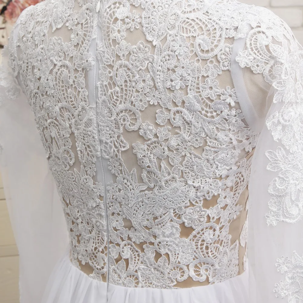 

Sexy Prom Dresses A-line V-neck Long Sleeves White Chiffon Lace Slit Long Prom Gown Evening Dresses Evening Gown