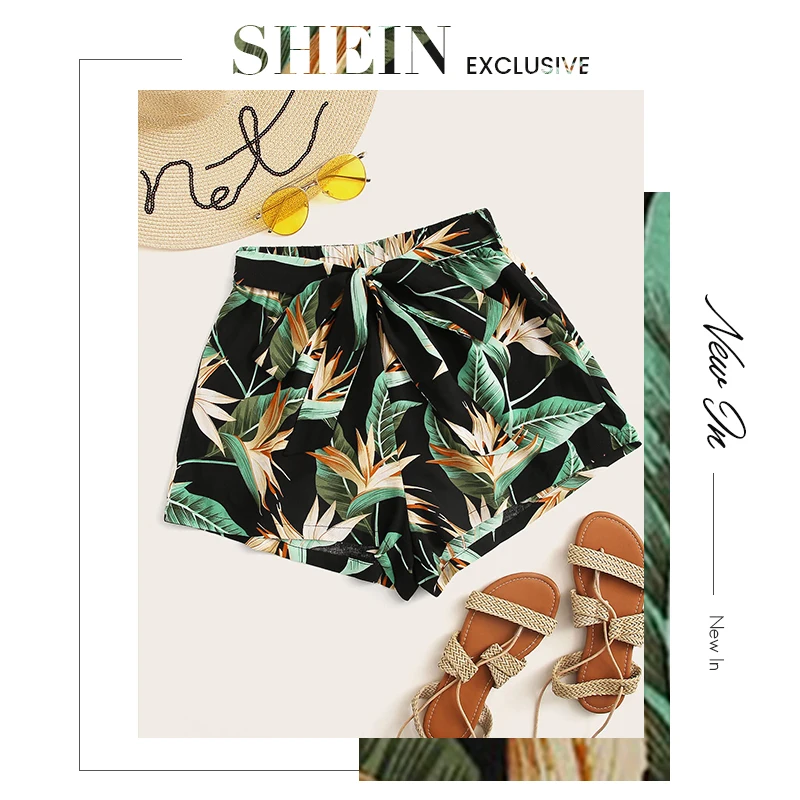 SHEIN/разноцветные богемные шорты с тропическим принтом и поясом, женские летние пляжные шорты для отдыха, повседневные эластичные шорты со средней талией и широкими штанинами