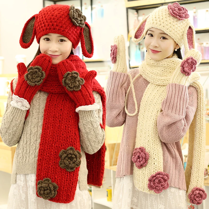3 шт. детские вязаные шапки шарф и перчатки с ушками кролика|scarf glove|hat scarf glovesknitted hat