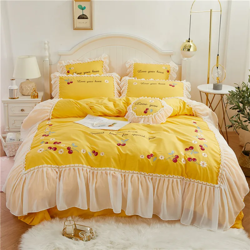 4 шт принцесса стиль Чистый хлопок Пододеяльник Простыня наволочка желтый