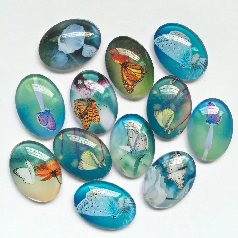 

ZEROUP 2 Sizes Oval Photo Glass Cabochon Mixed Patterns Fit Pendant Base Setting for Flat Back Jewelry TP-303