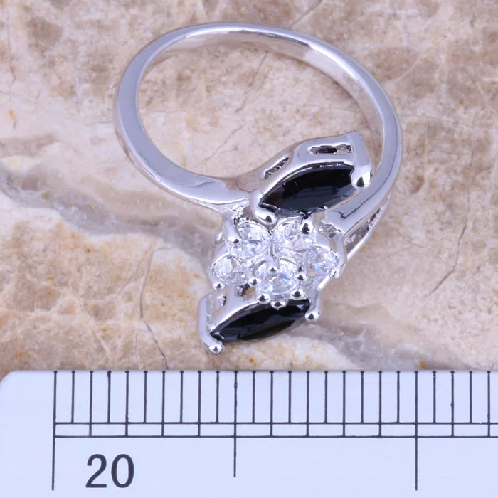 Женское серебряное кольцо с блестящим черным фианитом Размер 6 / 7 8/9 R0915|ring size|flower