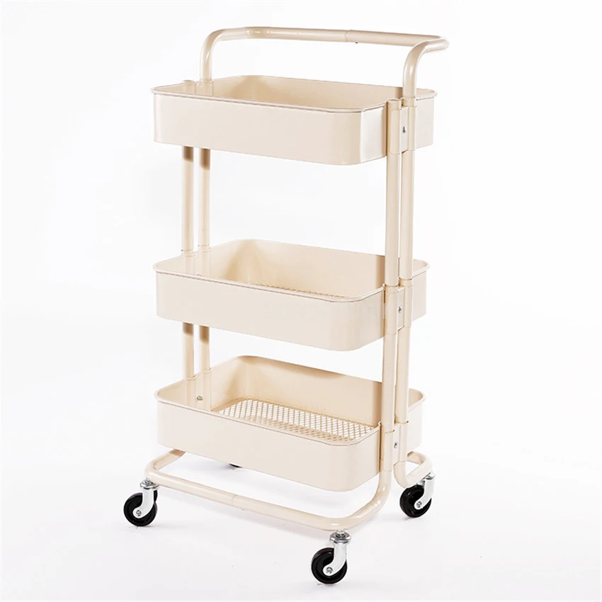 Beige With Handrail Модные креативные 3 яруса из углеродистой стали, домашний стеллаж для хранения в гостиной, коляска на колесиках, кухонный Органайзер с 4 колесами - Цвет: Beige With Handrail