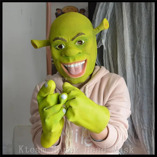 Высокое качество 100% латекс вечерние маска шрек Маска головы с перчатками