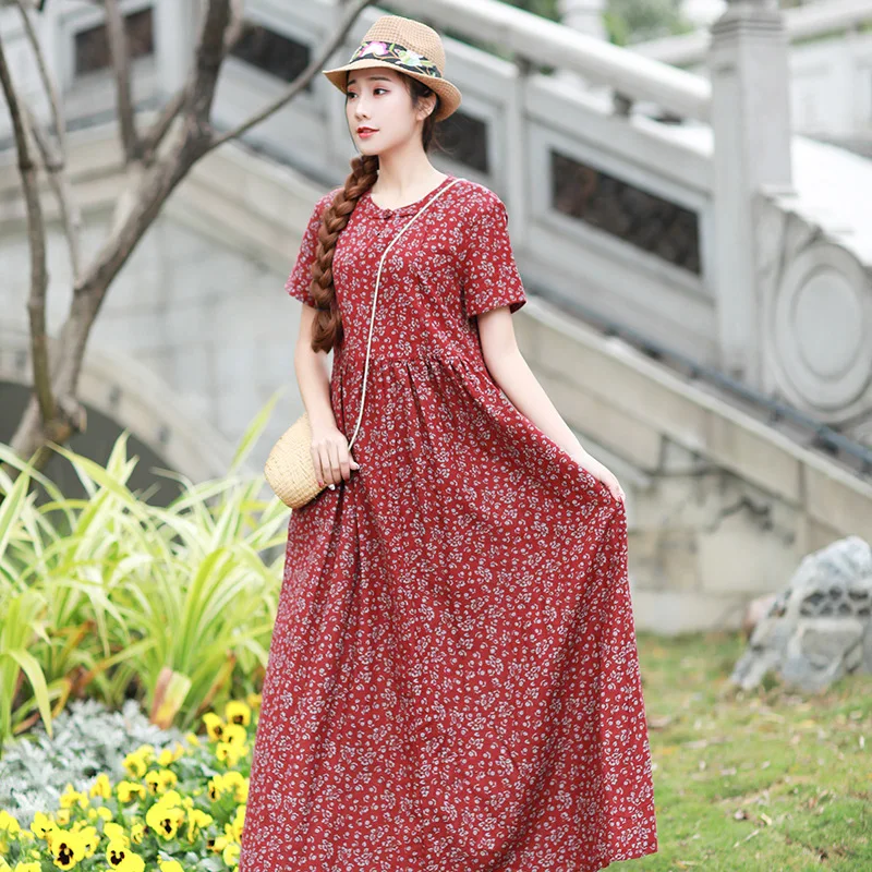 Summer Dresses Women Printed Indie Folk V-Neck Collar Frog Button Loose Short Sleeve Casual Female Ankle-Length Fashion | Женская одежда