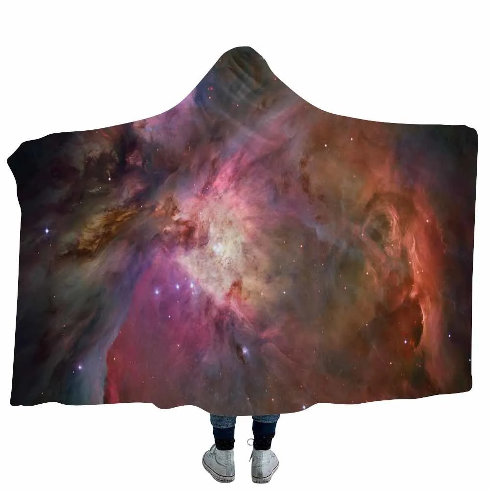 Теплое мягкое одеяло с капюшоном и принтом Вселенная Земля Коралловое Флисовое