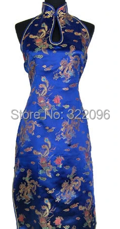 

Shanghai Story Navy Blue Chinese Women's Satin Long Qipao Halter Cheong-sam Backless Costume Dress S M L XL XXL XXXL J3400