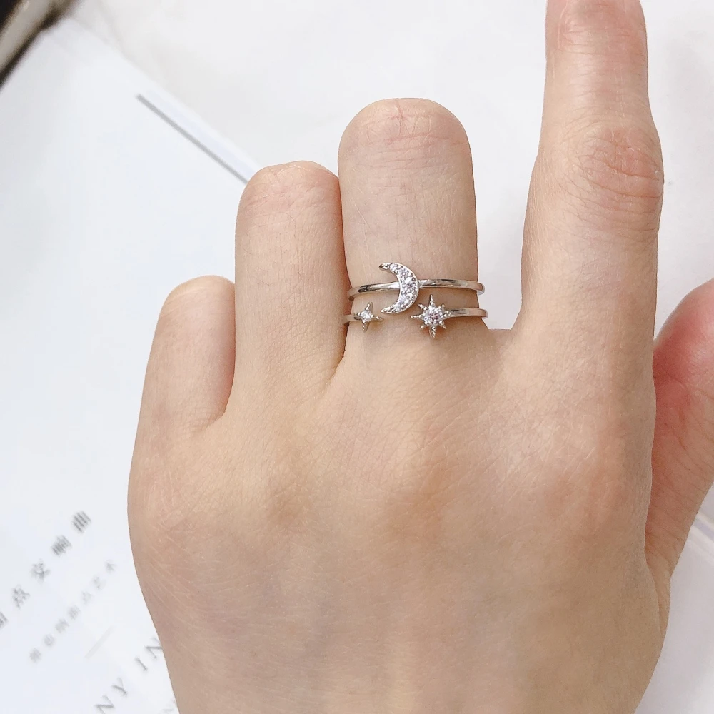 925 Sterling Silver Double Layer Starry Moonlight Ring Open Exquisite CZ Zircon Moon Stars White Gold S925 Women Wedding | Украшения и