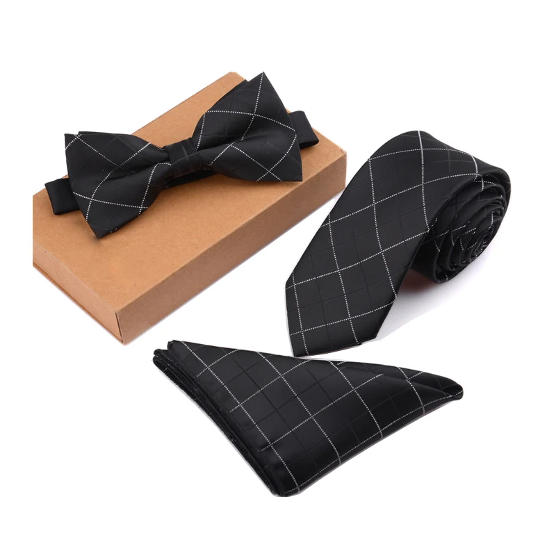 RBOCOTT Men's Tie Set Necktie Handkerchief and Bowtie 6cm Slim Solid Skinny Ties For Wedding Dot Striped 3pcs No Box | Аксессуары