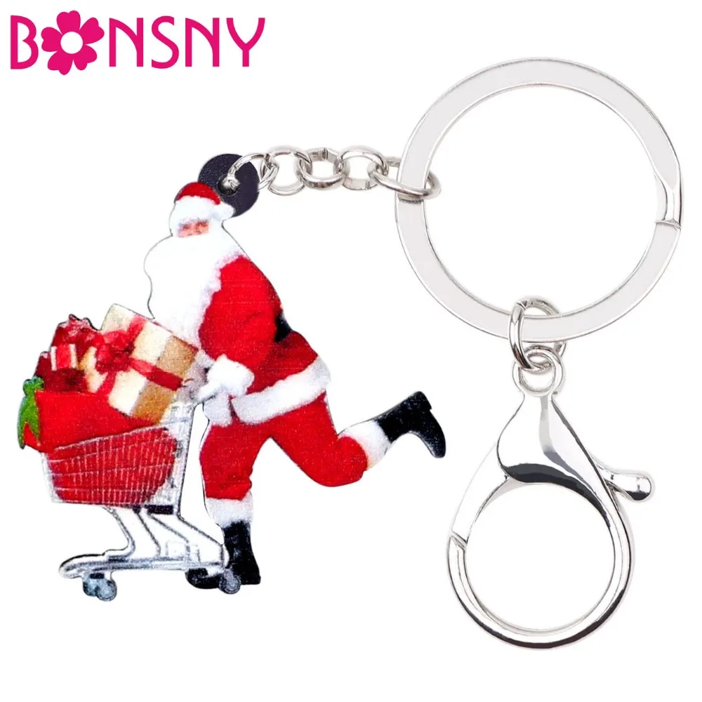 

Bonsny Acrylic Christmas Shopping Santa Claus Key Chains Xmas Gift Ornaments Navidad Car Bag Pendant Jewelry For Women Girl 2018