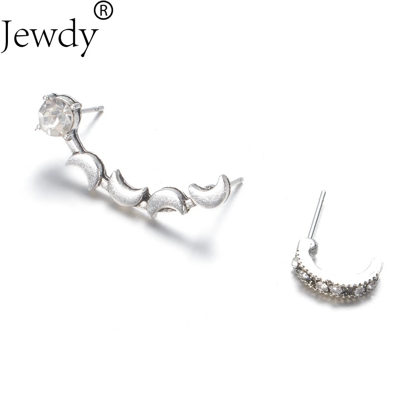 

Jewdy Bohemian Silver Color Moon Stud Earrings Rhinestone Asymmetry Earrings For Women Men Wedding Ear Clip Jewelry 2020