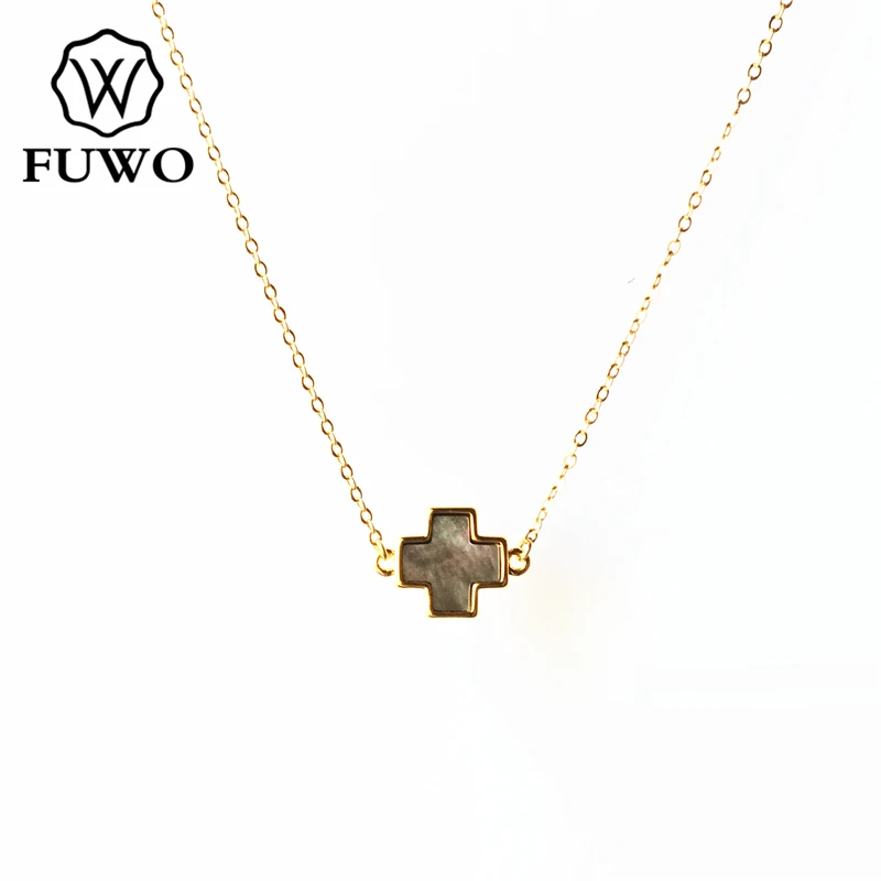 FUWO Natural Black Shell Cross Necklace With Gold Trimmed High Quality Brass Chain Seashell Christianity Jewelry Wholesale NC514