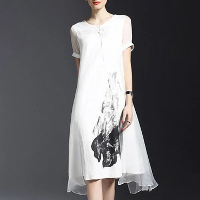 TANGNEST Лето Женщины Платье 2016 О-Образным Вырезом Узел Кнопка Цветочный Печати