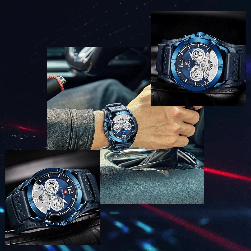 NAVIFORCE мужские часы спортивные модные мужские кожаные кварцевые роскошные мужские часы бренд 30 м водонепроницаемые часы Relogio Masculino синий