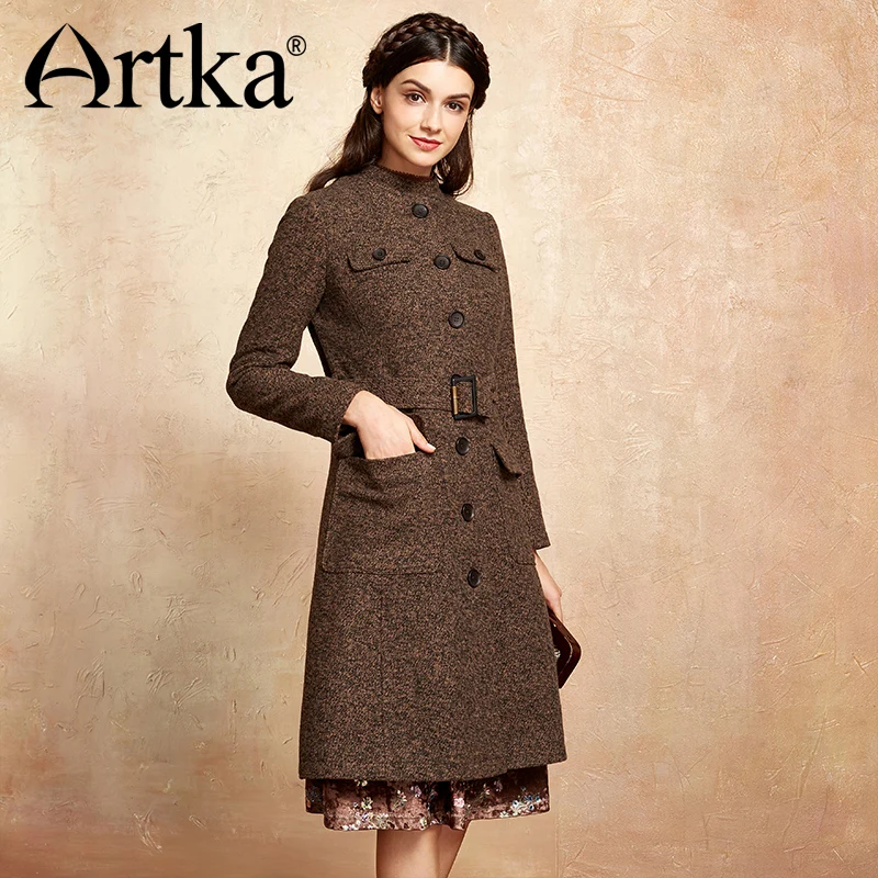 Женское шерстяное пальто ARTKA элегантное ТРАПЕЦИЕВИДНОЕ с поясом длинная куртка