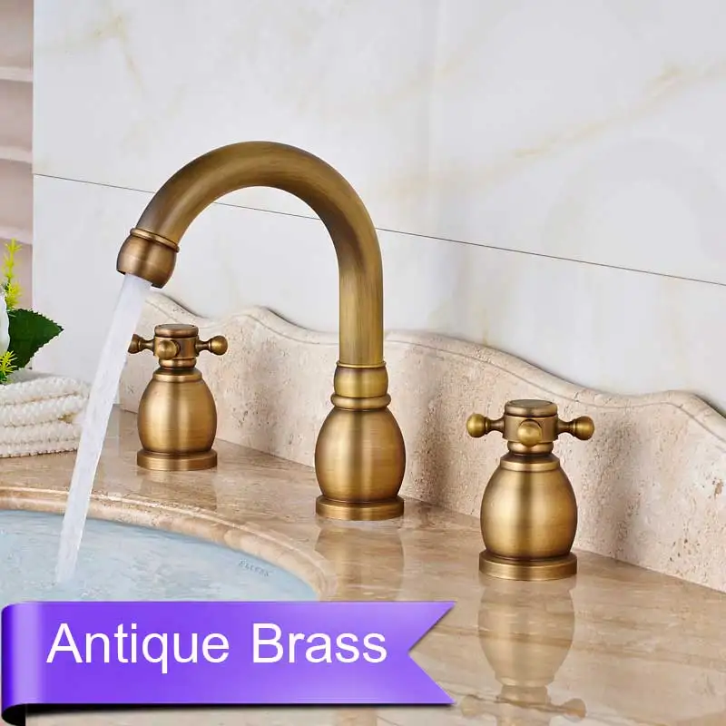 Antique Brass Широко распространенный кран для бассейнов для ванной с двойной ручкой смеситель для раковины кран на бортике 3 отверстия горячий холодный кран - Цвет: Antique Brass