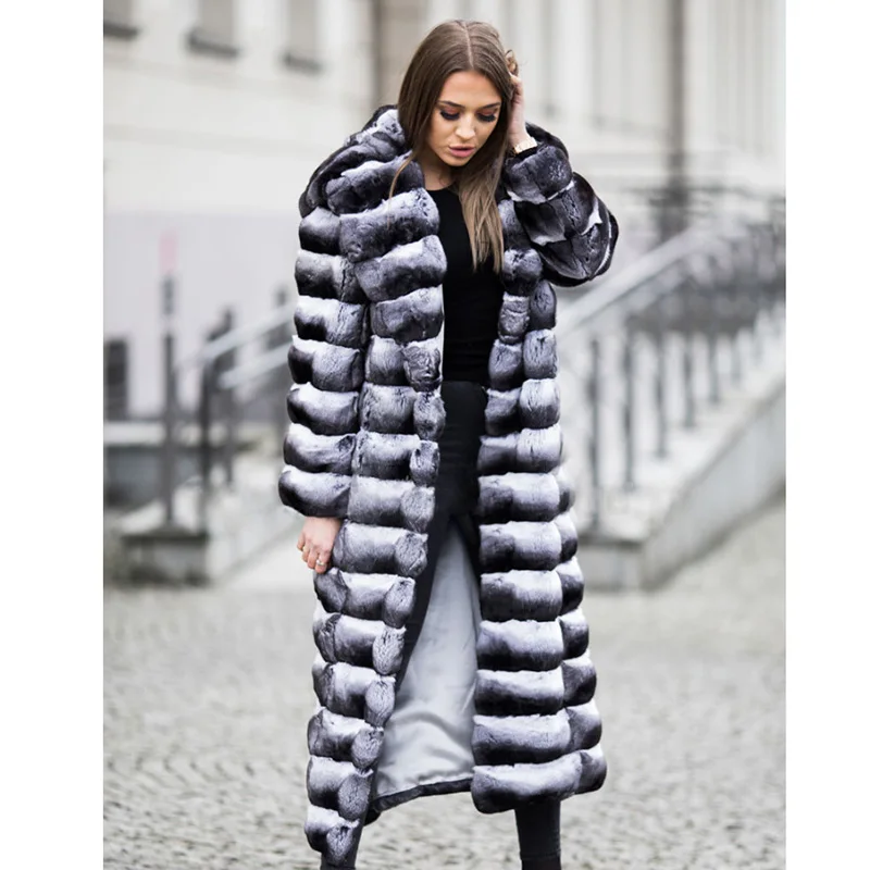 130cm Long Real Rex Rabbit Fur Coat With Hood Chinchilla Color Natural Whole Skin Genuine Rex Rabbit Fur Overcoats Luxury Winter