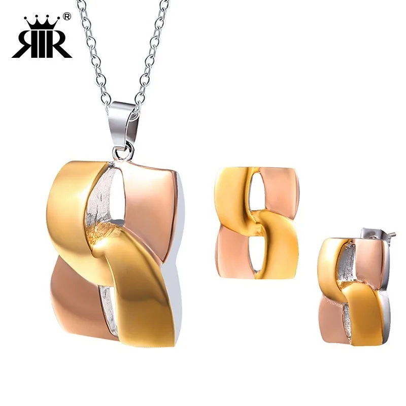 RIR Fashionable Infinity Jewelry Sets African Style Stainless Steel Geometric Necklace and Stud Earrings For Brides | Украшения и