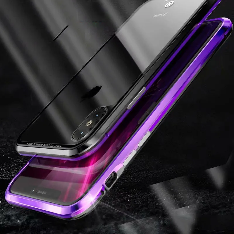 For iPhone X xs Luxury Ultra Magnetic Adsorption Case iPhoneX Magnet Metal bumper Tempered Glass back hard Cover |