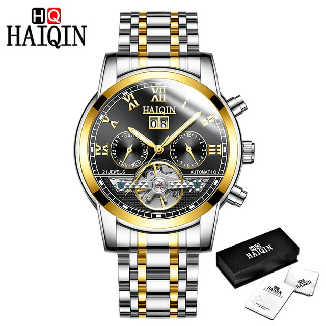gold black HAIQIN для мужчин смотреть золото автоматические механические бизнес мужские часы Tourbillon сталь водостойкий мужской Дата Часы Relogio Masculino - Цвет: gold black