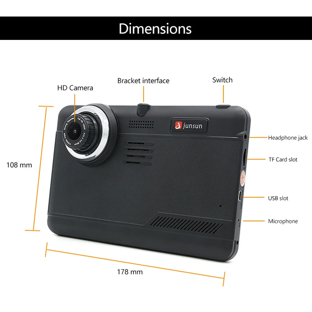 Junsun Автомобильный видеорегистратор gps-навигация 7 дюймов Android Bluetooth Wi-Fi FHD 1080 P