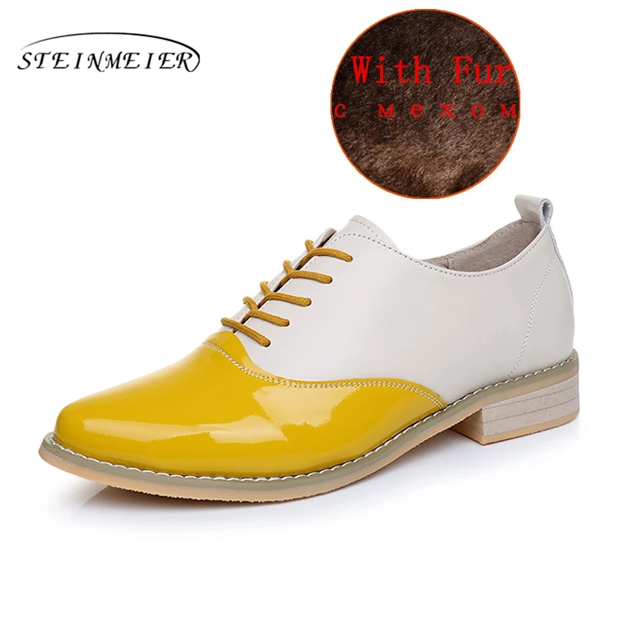 yellow beige fur Повседневные дизайнерские винтажные женские туфли на плоской подошве из натуральной коровьей кожи; женские туфли-оксфорды ручной работы с мехом; цвет красный, синий, желтый, коричневый - Color: yellow beige fur