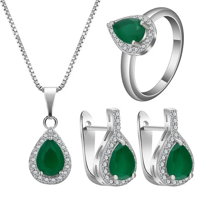 Jewelry Set Модные комплекты украшений для женщин, подарок на свадьбу, серебряный цвет, ожерелье из зеленого камня с подвеской, серьги, кольца, наборы Z4Z029 - Окраска металла: Jewelry Set
