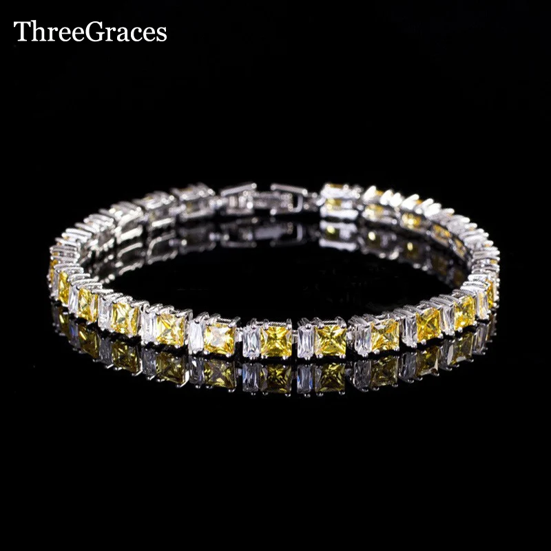 

ThreeGraces Jewelry White Gold Color New Fashion Yellow And White Cubic Zirconia Crystal Women Tennis Bracelets Bangles BR045