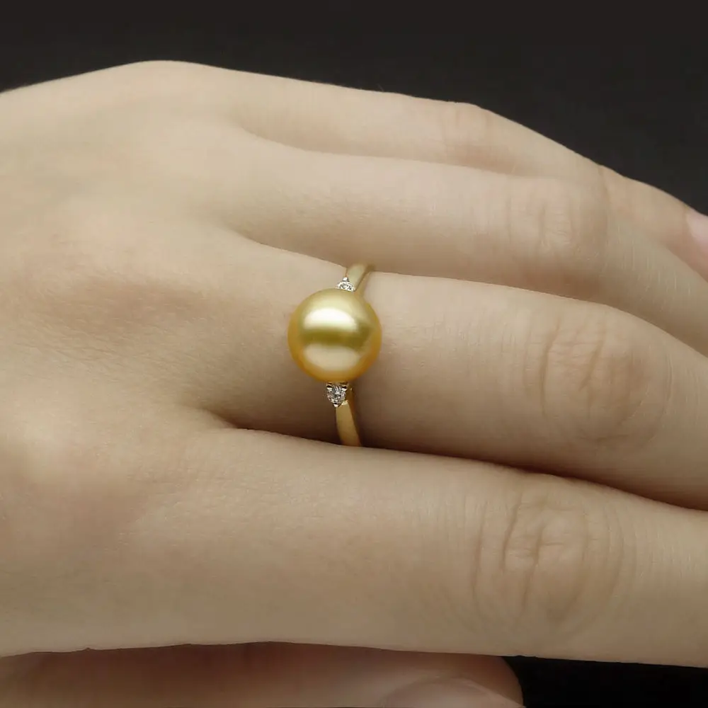 AAA 8-9mm Perfect Round Real South Sea Golden Pearl Diamond Ring 18K Yellow Gold | Украшения и аксессуары