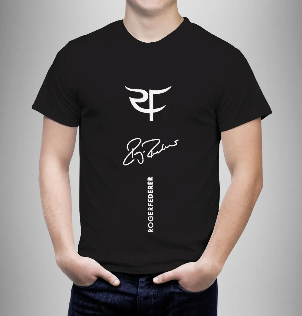RF Federer Logo Tennis Black T-Shirt Men Short Sleeve 100% Cotton 2018 Fashion Brand Men's Tops StreetWear T-shirt Solid Color S | Мужская