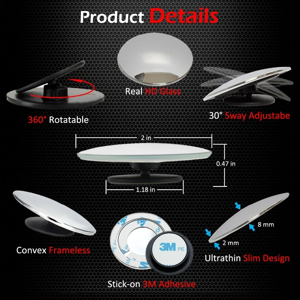 Автомобильное Зеркало для слепых зон HD стекло 360 градусов широкоугольное круглое