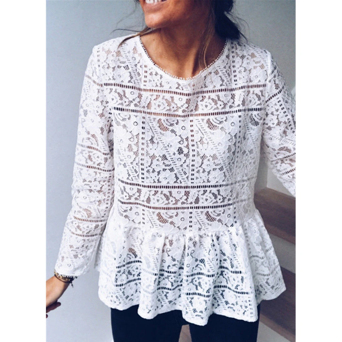 

Boho Style Summer Loose Casual Women White Lace Blouse Chiffon Ruffled Embroider Shirt Tops Femme Blusas Mujer