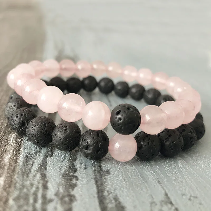 

Couples Bracelets Friendship Black Lava Rock Rose Quartzs Natural Stone Beaded Bracelet Elastic Bracelet Yoga Men Women