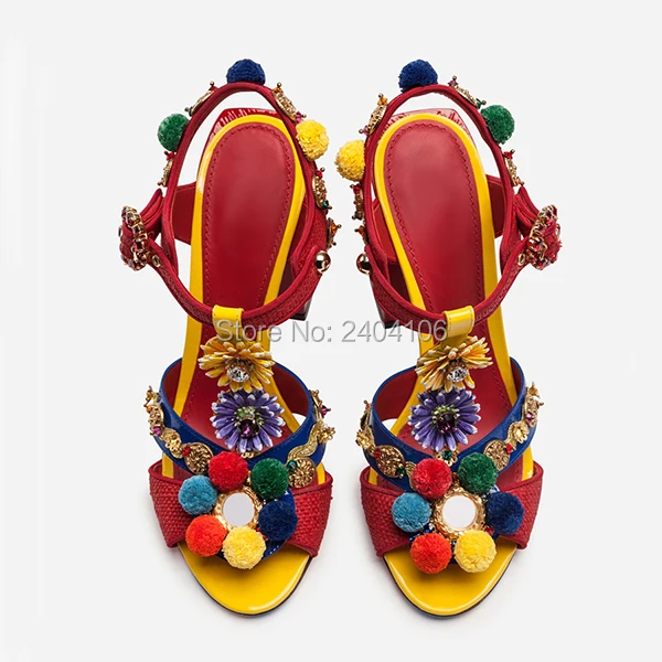 Женские сандалии гладиаторы в этническом стиле разноцветные на высоком