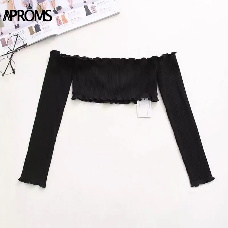 Aproms, желтый топ с открытыми плечами и оборками, женские короткие футболки, футболка, сексуальная эластичная майка, укороченный топ, Повседневные Вечерние топы 90s