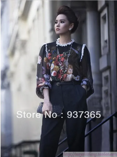 Free Shipping 2013 Autumn New Women runway fashion vintage style Retro angel painting print lady casual silk lace blouse shirt |
