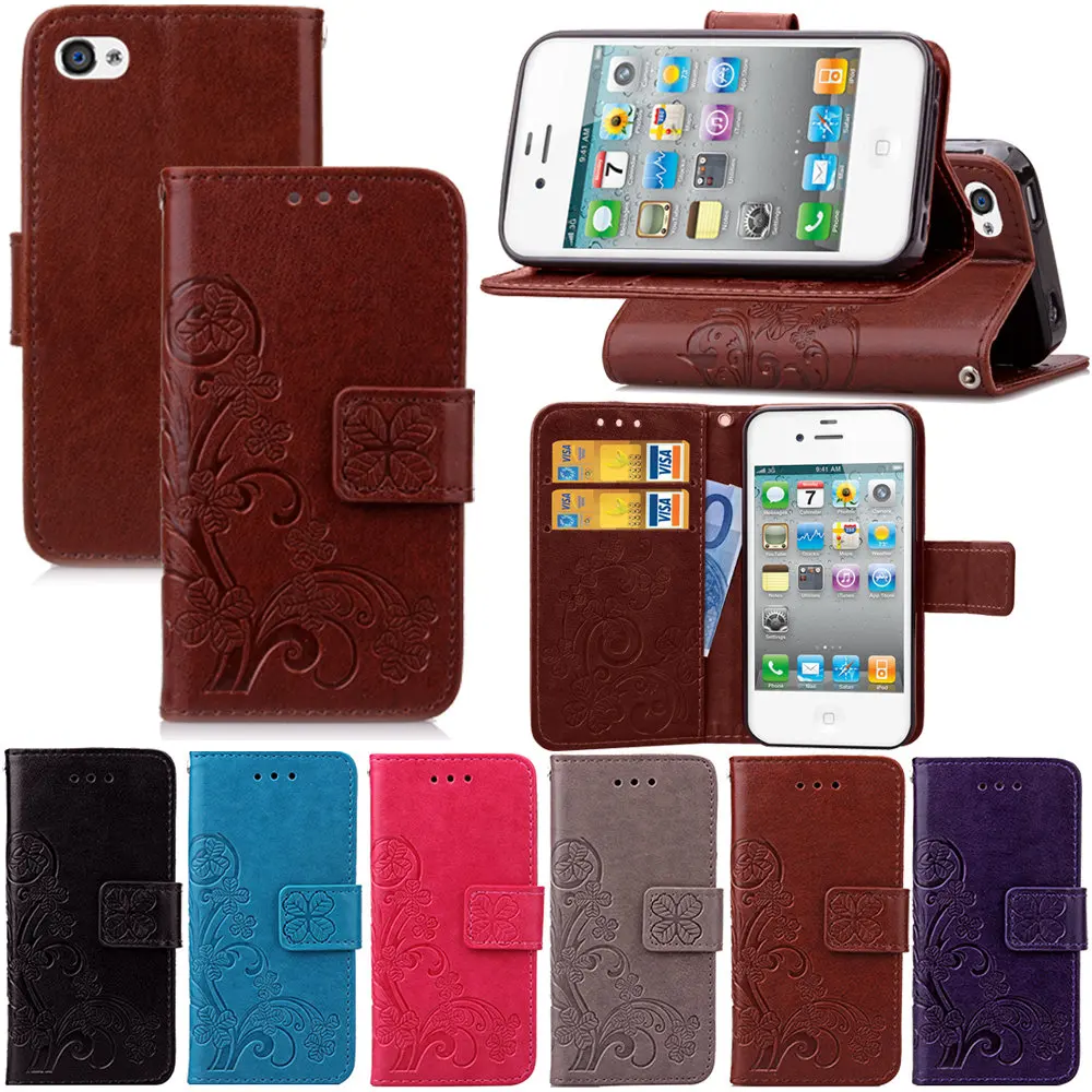 Кожаный чехол подставка с тиснением для iPhone 4|case for iphone|case iphone 4leather case |