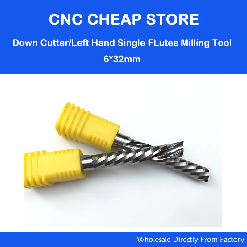 

2pcs/set 6*32mm Tungsten Solide Carbide Single Flute Sprial Bits Left Hand Down Cutting Tools Left Cutting Bits